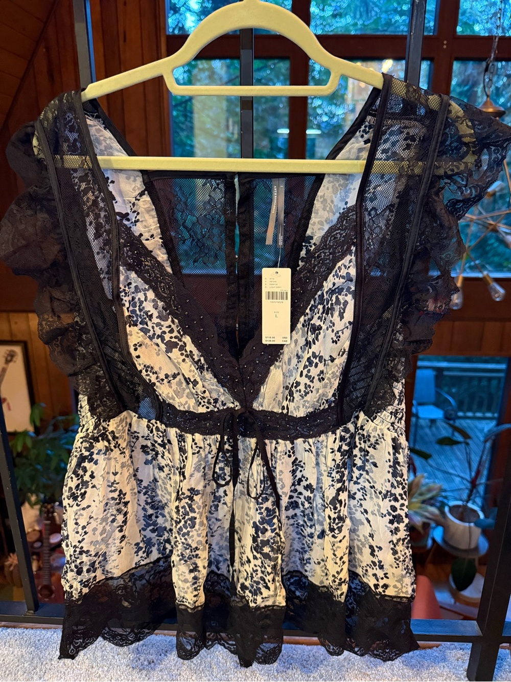 Black Lace Trim Floral Babydoll Top